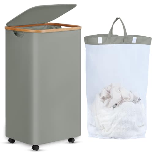 efluky Laundry Basket with Wheels, Tall Rolling Laundry Hamper with Lid and Removable Bag, Aesthetic Dirty Clothes Hamper on Wheels for Laundry Room, Bedroom, Dorm and Bathroom, 100L Grey