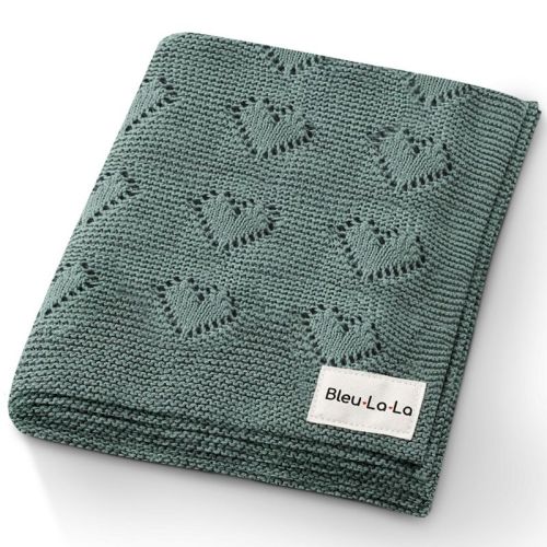 100% Luxury Cotton Heart Knit Swaddle Blanket For Blanket For Newborn And Infant Boys And Girls - Denim Blue