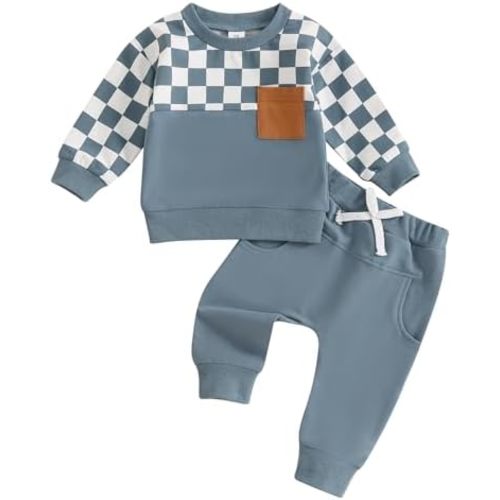 MoZiKQin Toddler Baby Boy Girl Clothes Checkered Color Block Long Sleeve Sweatshirt with Pants Set 2Pcs Fall Winter Outfits