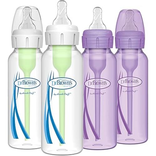 Dr. Brown’s Natural Flow® Anti-Colic Options+™ Narrow Baby Bottles, 8 oz/250ml, with Level 1 Slow Flow Nipple, 4 Pack, Purple/Clear