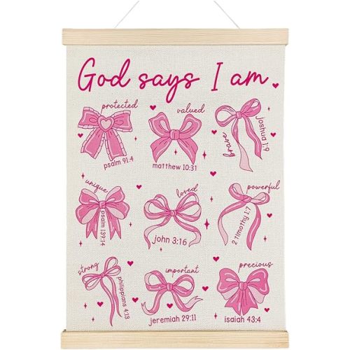 Nrleey God Says I Am Coquette Bow Wall Decor with Wooden Poster Hanger - Girls Room Decor, Pink Bow Inspirational Christian Wall Art Posters for Girls Bedroom Dorm Apartment, 12x16 Inch