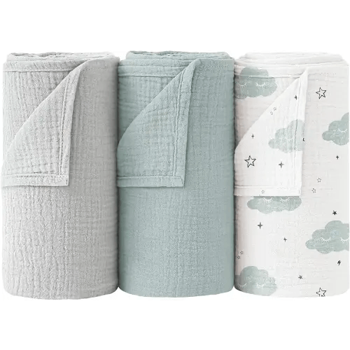 Bearmoss Muslin Swaddle Blankets, 40 x 38 inches Baby Swaddle for Boys and Girls, Soft Baby Blanket, 3 Pack Breathable Nursery Receiving Blankets (Cloud)