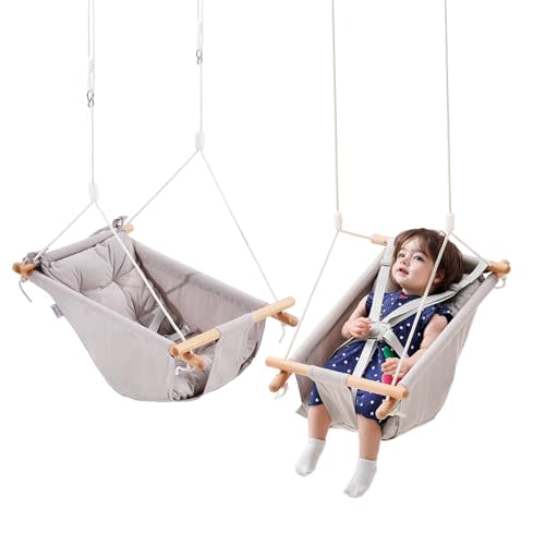 VEVOR Canvas Hammock Swing, 3 Modes Baby Swing Indoor and Outdoor with 5-Point Harness, and Tree Straps, 150lbs Weight Capacity, Integrated Cushion, Wooden Hanging Swing Seat for Baby to Toddler