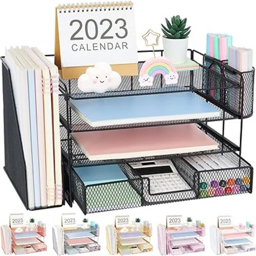 Desk Organizer and Accessories, 4-Tier Desktop File Organizer with Drawer and 2 Pen Holders, Office Desk Accessories for Office Supplies(Black)