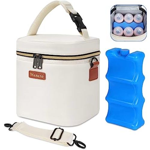 Mancro Breastmilk Cooler Bag with Ice Pack, Fits 6 Insulated Baby Bottles Up to 9 Ounce, Breast Milk Cooler for Nursing Mom (Cream)