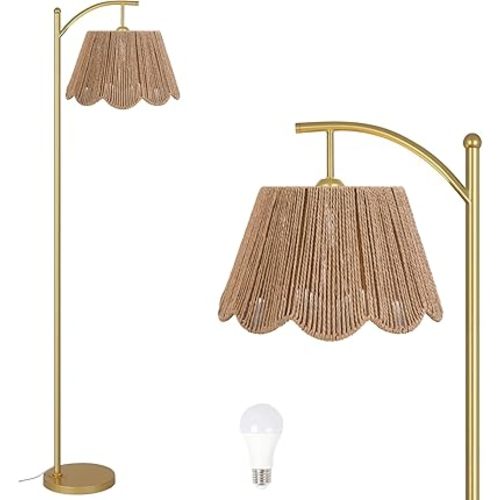 Arc Floor Lamp for Living Room with Remote Control,Rattan Boho Floor Lamp with Hand-Woven Wicker Shade, Foot Switch, Gold/Silvery Metal Base & Pole,Standing Lamp for Bedroom (Gold&Paper Rope)