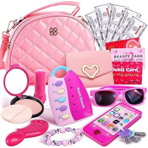Little Girls Play Purse and Pretend Makeup Kit, Princess Toy Cell Phone Fake Makeup Handbag Wallet Sunglasses Keys Credit Card Play Makeup, Pink Toys Pretend Play Gift Toys for Girls Toddlers Age 3+