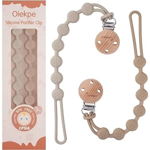 Pacifier Clips for Baby Boys Girl - 100% Food Grade Silicone, One Piece Pacifier Clip Holder, Wooden Clips Design, Paci Clip Soothe Baby Binky Holder for Shower Birthday Gift(Sand+Linght Grey)