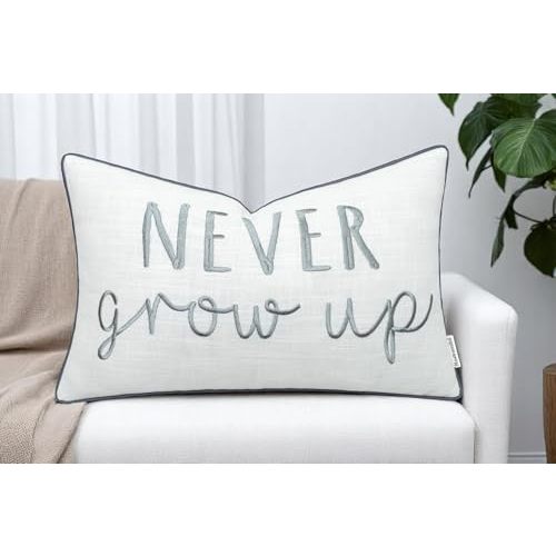 Rudransha 12x20 Never Grow Up Lumbar Pillow Cover - Embroidered Quote Design - Decorative Throw Pillow for Couch, Sofa, Entryway, Playroom - Inspirational Kids Room Décor - Ivory