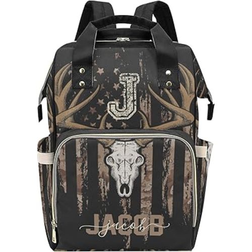 Custom Diaper Bag Backpack - Camo Flag Deer Brown Baby Girl Diaper Bag Backpack for Dad Boy Men with Name