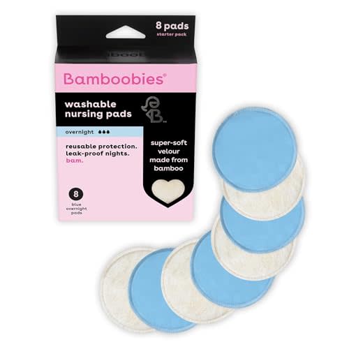 Bamboobies Overnight Nursing Pads, Ultra-Soft Velour, Reusable and Washable for Nightly Use, Leak-Proof Pads for Breastfeeding, 8 Pads