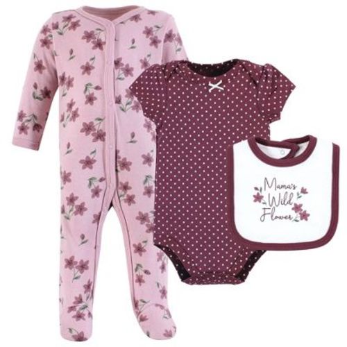 Hudson Baby Infant Girl Cotton Sleep And Play, Bodysuit And Bandana Bib Set, Plum Wildflower, 3-6 Months