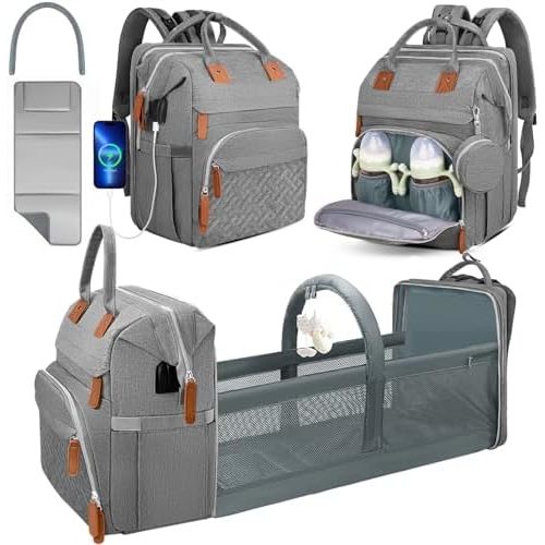 Diaper Bag Backpack for New Parents, Large Capacity Baby Travel Bag with Bottle Holders, Multiple Compartments (Grey)
