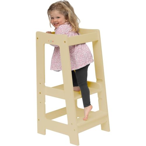 Toddler Tower | Montessori Inspired | Toddler Kitchen Stool Helper | Kids Kitchen Step Stool | Toddler Standing Tower | Adjustable for 18 Month-5 Years | with Safety Rail & Safety Feet (Natural Wood)
