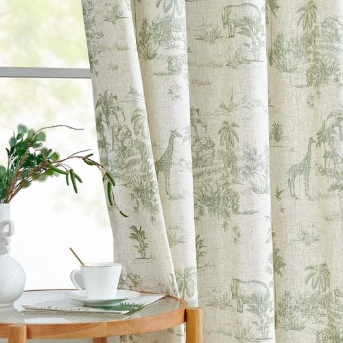 JINCHAN Linen Toile Curtains 96 Inches Long for Living Room Toile de Jouy Floral Printed Farmhouse French Country Curtains Grommet Top Light Filtering Window Drapes for Bedroom 2 Panels Green on Beige