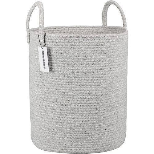 Cotton Rope Laundry Basket Hamper for Clothes Woven Storage Basket for Living Room Bedroom Boho Tall Rope Baskets for Blanket Toys Pillow Towels Baby Nursery Hamper Bin Large light grey
