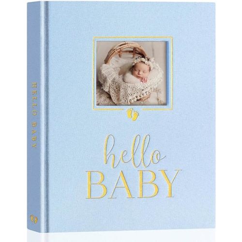 Lanpn Newborn Baby Memory Book, Baby First 5 Year Keepsake Gift with DIY Window, Linen Baby Memories Journal Scrapbook Photo Book, Baby Milestone Album for Boy Girl New Parents (Blue, 154 Pages)