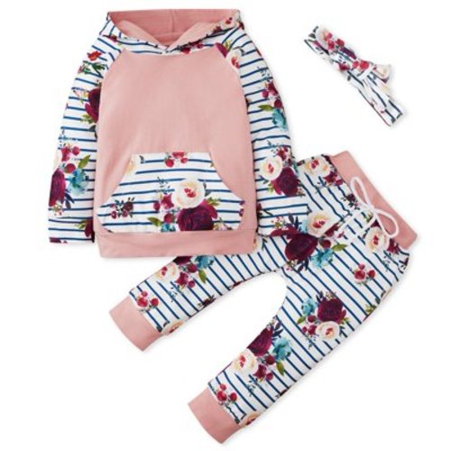 3pcs/set Baby Girl Clothing Outfits Set Floral Hoodies Long Sleeve Top+Flower Print Trousers + Headband Set Infant Clothes