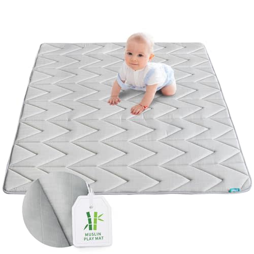 Foam Play Mat 50×50, Muslin Kids Play Mat Fits for Dripex & Suposeu Playpen, One-Piece Crawling Mat for Baby & Toddler to Play on Floor, Non Slip, Grey