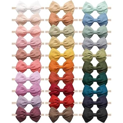30 Pcs Baby Headbands Girls Hair Bows Nylon Hairbands with Linen Bows Handmade Head Accessories for Infant Newborn Toddlers Kids