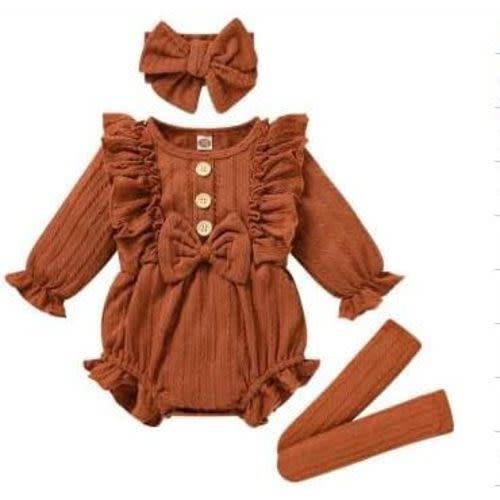 ZAXARRA Newborn Baby Girls Clothes Long Sleeve Button Front Ruffle Romper Socks Headband 3Pcs Set Fall Winter Outfits