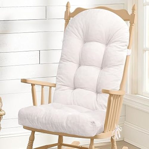 Rocking Chair Cushion - Chenille Fabric, High-Density Sponge, Durable Comfort Double-Sided Tufted Seat Pads with Ties, Chenille︱Cleanroom White, 44x19x4 inch