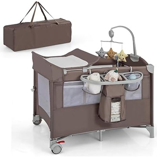 HONEY JOY Pack and Play with Bassinet, 5-in-1 Baby Bedside Sleeper w/Diaper Changing Table & Storage Bag, Toy Arch & Music Box, Detachable Side Rail, Portable Baby Play Yard w/Carry Bag(Coffee)