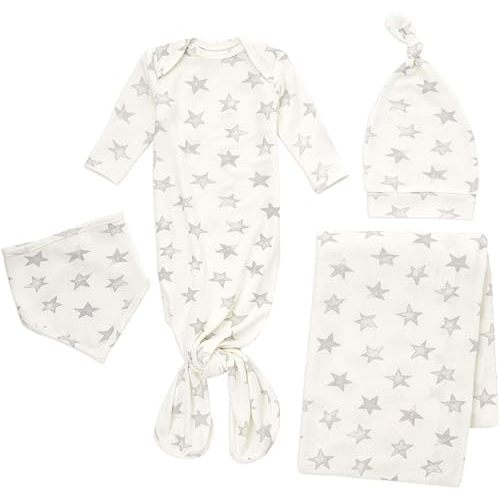 aden + anais Snuggle Knit Newborn Gift Set with Knotted Baby Gown, Swaddle Blanket, Infant Hat, and Bandana Bib, 0-3 Months, Star