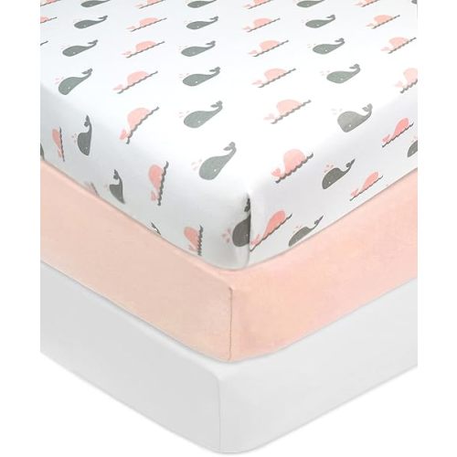 American Baby Company 3 Pack Fitted Crib Sheets 28" x 52", Soft Breathable Neutral 100% Cotton Jersey Sheet, Pink Whale/Blush/White, for Boys and Girls, Fits Crib and Toddler Bed mattresses