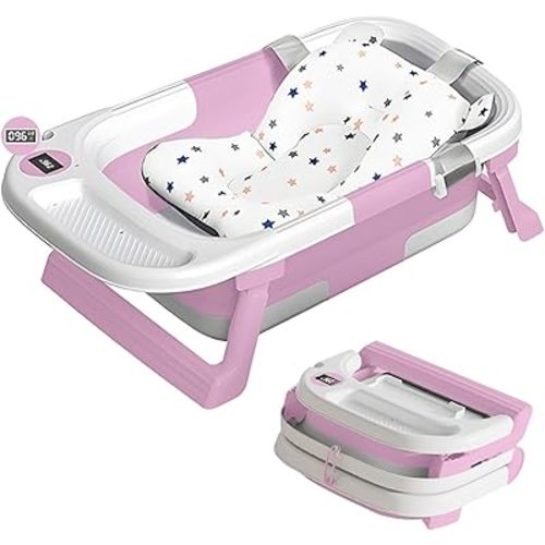 Collapsible Baby Bathtub,Gift Bundle,with Removable Soft Bath Pad&Storage Tray&Thermometer,Non-Slip Infant Shower Basin Newborn to Toddler 0-36 Months,Portable Travel Esencials Girl Foldable Tub,Pink