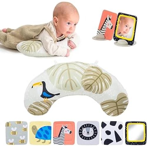 Taf Toys Tummy Time Set with Ergonomic Cushion, Double-Sided High Contrast Black & White Flash Cards & Mirror Card, Developmental Baby Play Mat Accessories & Card Stands for Newborn Infant Tummy Time