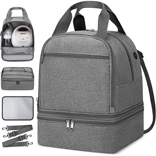 Breast Pump Bag, Double Layer Pump Bag with Ice Pack, Breast Pump Carrying Bags for Working Mom, Breast Pump Storage Bags Pumping Bag Compatible with Medela & Spectra S1 S2, Grey