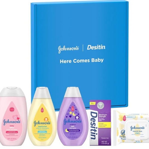 Johnson's Baby Here Comes Baby Gift Set, Baby Essentials for New Parents with Moisturizing Lotion, Bedtime Bath, Body Wash & Shampoo, Hand & Face Wipes, & Diaper Rash Cream, 5 Items