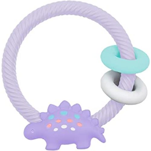Itzy Ritzy Silicone Teether with Rattle, Features Rattle Sound, Two Silicone Rings and Raised Texture to Soothe Gums, Ages 3 Months and Up, Purple Dinosaur
