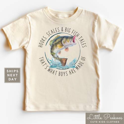 Boys Fishing Toddler Shirt - Hooks, Scales & Big Fish Tales Baby Onesie® -Funny Fishing Buddy Kids Raglan Tee - Boys Fishing Trip Tee
