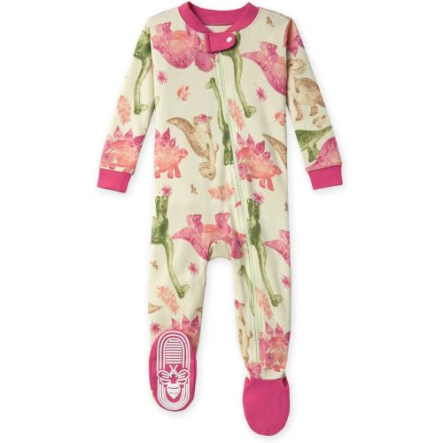 Burt's Bees Baby Girls Pajamas, Zip Front Non-slip Footed Pjs, 100% Organic Cotton and Toddler Sleepers - Mega Dino Friends - 12 Months