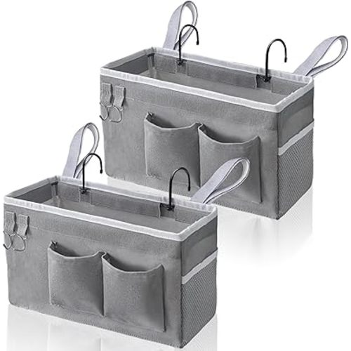 2pcs Bedside Caddy Hanging Storage Bag, Water Cup Holders, Organizer Baskets with Pockets for Bunk Bed Shelf, Hospital Beds, Loft & Dorm Rooms Accessories (Bedside bag-Grey)