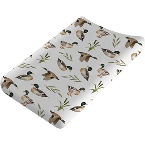 Vintage Mallard Duck Leaves Changing Pad Covers Duck Hunting Reeds Diaper Changing Pad Covers Sheets for Girl Boy Wild Duck Soft Breathable Stretch Fitted Change Table Pad Mats Covers 32''x16''