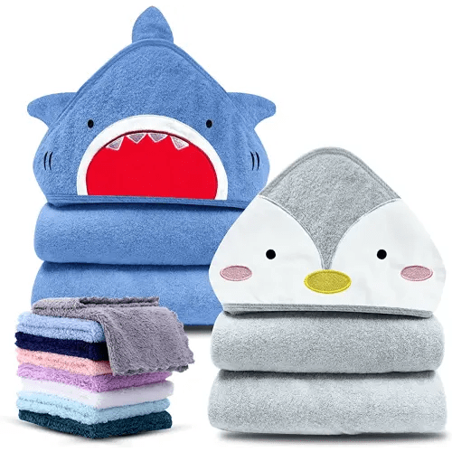 Cute Castle 2 Pack Bamboo Hooded Baby Towel 8 Washcloths - Soft Bath Towel for Bathtub for Babie, Newborn, Infant - Ultra Absorbent, Natural Baby Stuff Towel for Boy and Girl (Shark and Penguin)