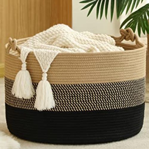 KAKAMAY Large Blanket Basket (20"x13"),Woven Rope Baskets for storage Baby Laundry Hamper, Cotton Rope Blanket Basket for Living Room, Laundry, Nursery, Pillows,Baby Toy chest (Jute/Black)