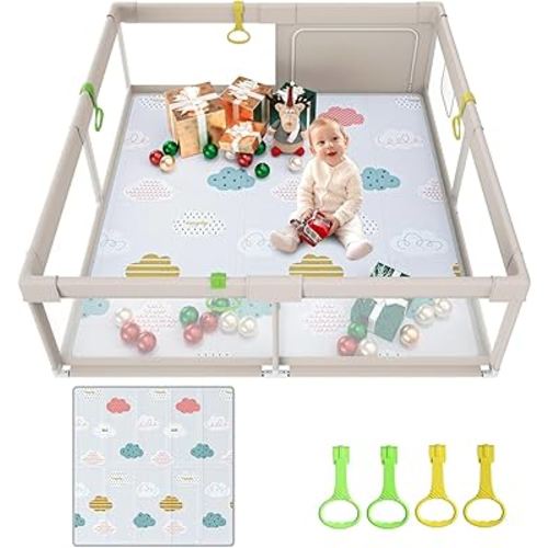 Baby Playpen with Mat, 59x59inch Playpen for Babies and Toddlers, Kids Play Pen, Extra Large Baby Playpen,Baby Fence,Big Playpen for Infants with Gate,Playard for Baby