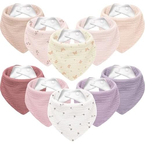 Susurration Muslin Baby Drool Bibs 10Pack Soft Triangular Adjustable Bandana Bibs for Unisex Baby Girls & Boys