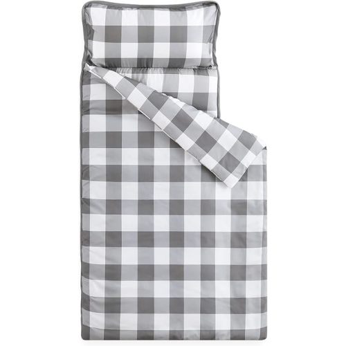 Wake In Cloud - Toddler Nap Mat with Pillow and Blanket, for Kids Boys Girls in Kindergarten Daycare Preschool Pre K, Roll Up Sleeping Bag, Gray Grey White Gingham Buffalo Plaid, Standard Size