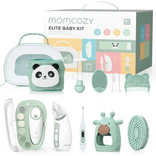 Momcozy Elite Baby Kit, Superior Gift Set for Grooming & Health & Cleansing, Include Electric Nail File&Nasal Aspirator, Heated Tummy Wrap,Thermometer,Bath Brush,Teether,Medicine Pacifier,Storage Case