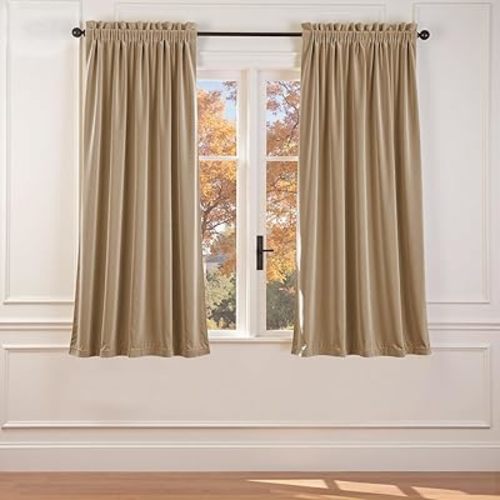 Lazzzy Velvet Curtain Beige Thermal Insulated Curtains 63 Inch Long Drapes for Bedroom Living Room Light Filtering Window Treatments Rod Pocket, Set of 2, Latte