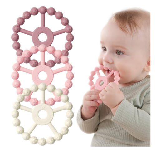 3 Pack Ring Teether Baby Infant Toys, Silicone Teething Ring Toys for Babies 0-6 Months, Seposeve Baby Teethers 6-12 Months 12-24 Months, Easy to Grasp Toy, Infant Teething Relief, Purple Pink White