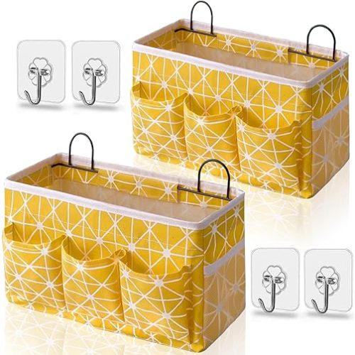 2pcs 3-pockets Large Wall Hanging Organizer Bag, Linen Fabric Door Hanging Storage Baskets with Pockets, Waterproof Bin for Kitchen, Bedroom, Office, RV Camper (Yellow_2pcs)