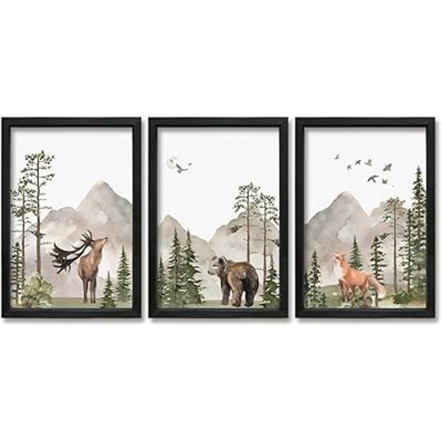 WLGONGXUEQ Woodland Nursery Animals Wall Art Decor 16"×11" Forest Deer Bear Fox Sign Posters Set of 3 Framed for Childrens Boys Girls Room Watercolor Paints (Black)