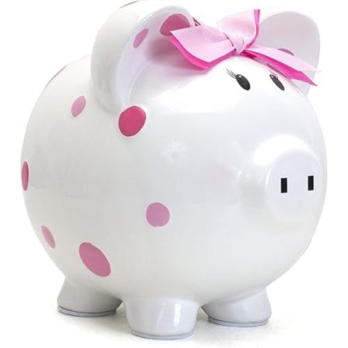 Child to Cherish Ceramic Polka Dot Piggy Bank for Girls, Pink