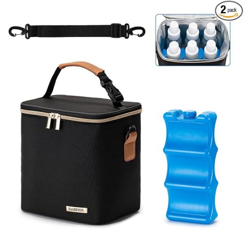 Breastmilk Cooler Bag with Ice Pack Fits 6 Baby Bottles Up to 9 Ounce, Baby Bottle Bag with Shoulder Strap for Nursing Mom Daycare, Black